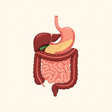 A detailed illustration of the human digestive system, showcasing the organs involved in the process of digestion, including the stomach, liver, gallbladder, and intestines
