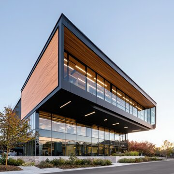 Dynamic office building facade design featuring contrasting soffit and wood elements in urban environment