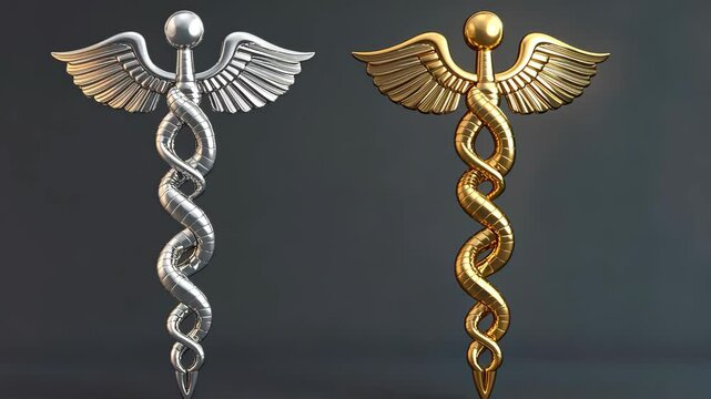 Caduceus symbols in silver and gold showcasing a blend of medical and mythological elements in a minimalist design