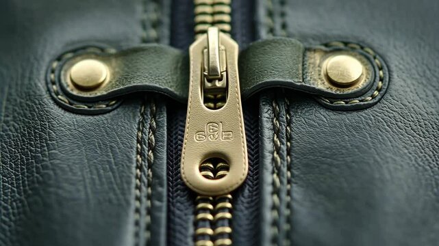 Close-up view of a zipper on a dark leather jacket highlighting craftsmanship and detail