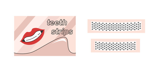 Teeth whitening strips in a flat style. Product for oral hygiene. Teeth cleaning accessories. Colorful vector set