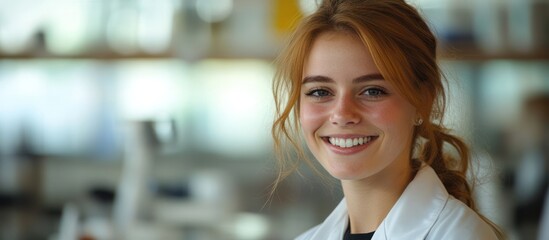 Smiling young woman in a lab coat looks at the camera in a lab setting.