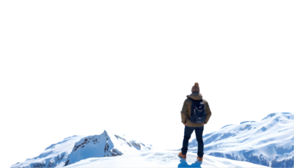 A lone traveler in a winter jacket standing on a snowy peak, looking over a mountain range. The white background ensures easy isolation for design projects.

