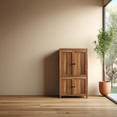 Wooden Cabinet Against Beige Wall Near Window