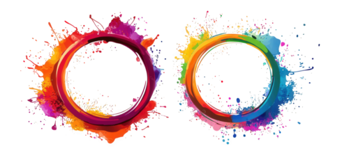 two colorful circles with splashes of paint on a transparent background the circles are made of various colors. including red. orange. yellow. green. blue. and purple the paint splashes are in the sam