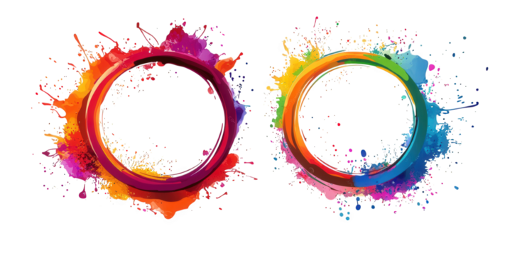 two colorful circles with splashes of paint on a transparent background the circles are made of various colors. including red. orange. yellow. green. blue. and purple the paint splashes are in the sam