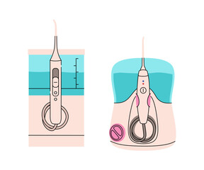Oral hygiene care products. Dental cleaning tools vector illustration. Electrical oral irrigator. Brushing teeth equipment for caries prevention. Colorful set isolated on a white background
