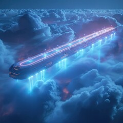 Mesmerizing digital of a futuristic neon lit airship levitating through a surreal cloud filled night sky evoking a sense of wonder and technological innovation