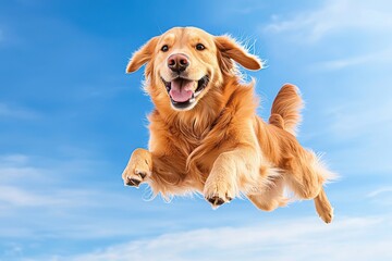 Dynamic golden retriever joyfully playing under clear blue sky