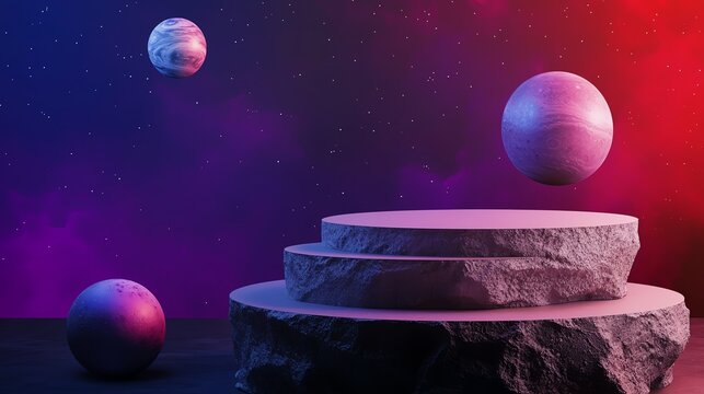 A surreal cosmic scene featuring floating celestial spheres above layered rock platforms, set against a vibrant, colorful space backdrop.