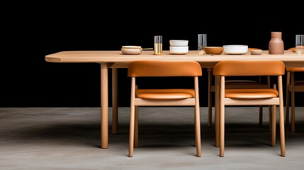 A modern dining table with sleek wooden design, accompanied by orange chairs, set against a minimalist black backdrop.