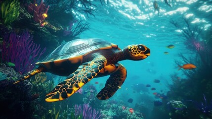 Fototapeta premium Sea Turtle Gracefully Navigating a Vibrant Coral Reef