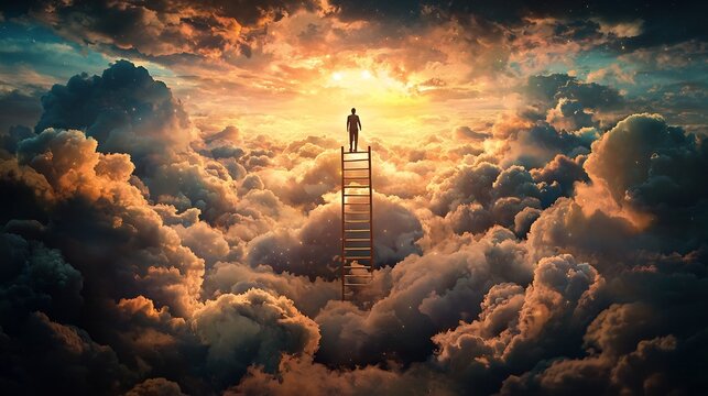Glowing golden ladder ascending from a dark cloud into the sunlight representing the journey of opportunity and the serendipitous nature of luck