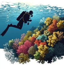 Diver explorers and reef underwater wildlife