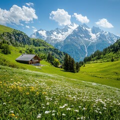 Fototapeta premium Scenic alpine landscape serene mountains in the alps nature photography lush green meadows panoramic view tranquil wilderness