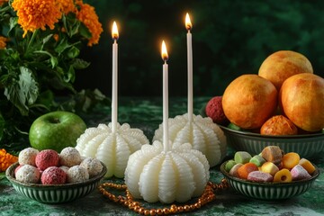 Diya lamps with candles, beads, marigold flowers and bowl of different treats on grunge green background