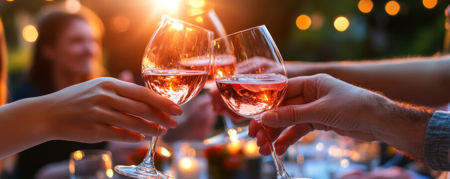 group of people clinking glasses of rose wine at outdoor dinner table, celebrating together under warm evening lights with joyful atmosphere - Powered by Adobe