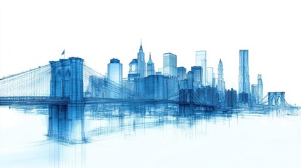 Naklejka premium architectural drawing skyline and Bridge. white background.