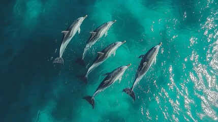 Obraz premium Drone footage of dolphins playing in the blue water in Esperance, Australia