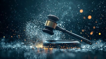 A crystal gavel striking a glowing surface sending captivating ripples of light across a dark room symbolizing the powerful force of justice in action