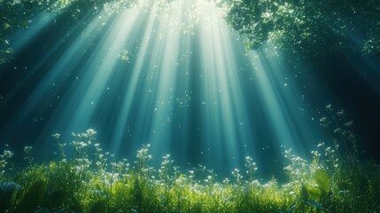 Beautiful rays of sunlight in a green forest. studio shot. realistic.