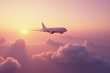 Fototapeta premium Airplane flying through majestic sunset clouds in serene sky.
