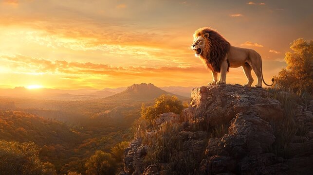 A powerful lion stands tall and proud on a rugged rocky outcrop roaring against the backdrop of a breathtaking golden sunset  This scene captures the essence of strength leadership