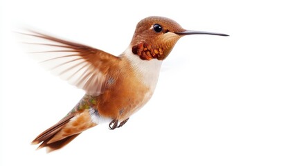 A vibrant hummingbird in flight, showcasing its shimmering feathers against a white background, embodying grace and beauty in nature.