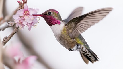 A vibrant hummingbird hovers near a delicate pink blossom, showcasing its iridescent feathers and intricate details in nature.