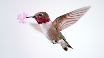 Fototapeta premium A vibrant hummingbird hovering near a delicate pink flower, showcasing its iridescent feathers and rapid wing movement.