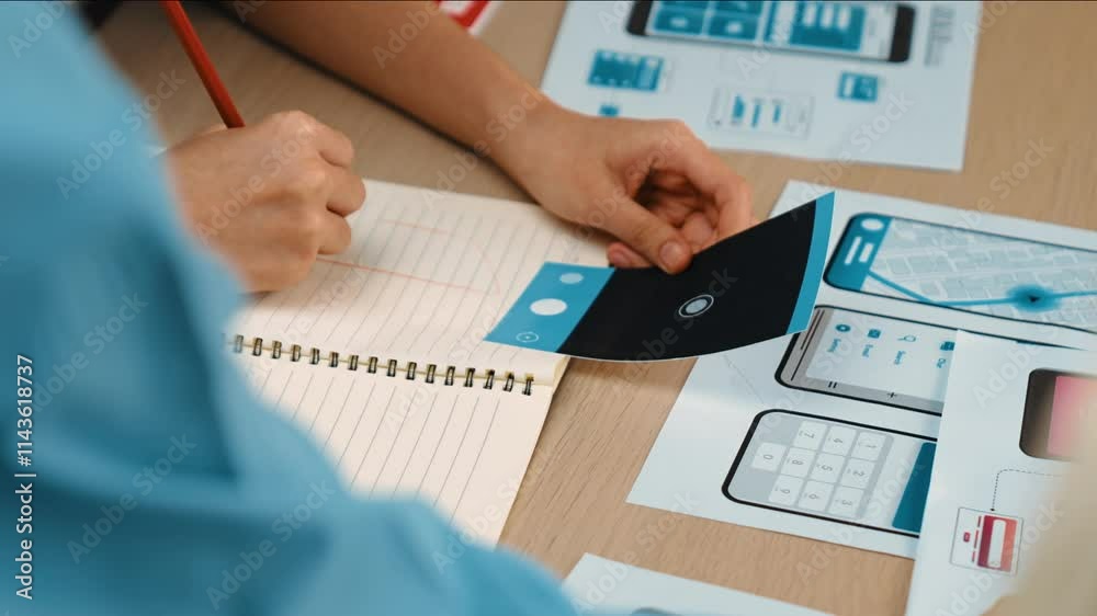 Poster panorama video of startup ux developer or company employee design user interface or ui prototype for
