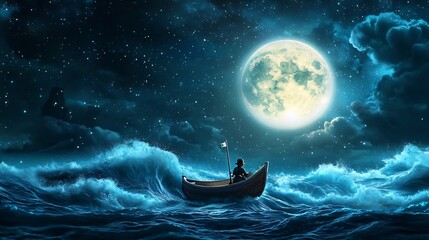 Captain Steering a Ship Through Turbulent Waves Under the Glow of a Moonlit Sky Symbolizing Leadership and Resilience in the Face of Adversity