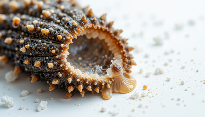 Close-up of a spiky sea cucumber with coral-like texture resting on a sandy surface