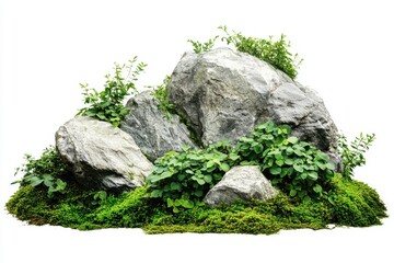 Large rocks with overgrown foliage and moss