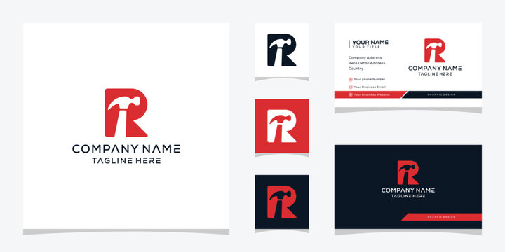 Initial letter R hammer logo design, business card vector template