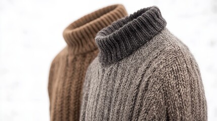 Two cozy knitted sweaters in warm tones, perfect for chilly weather, showcased against a snowy background.