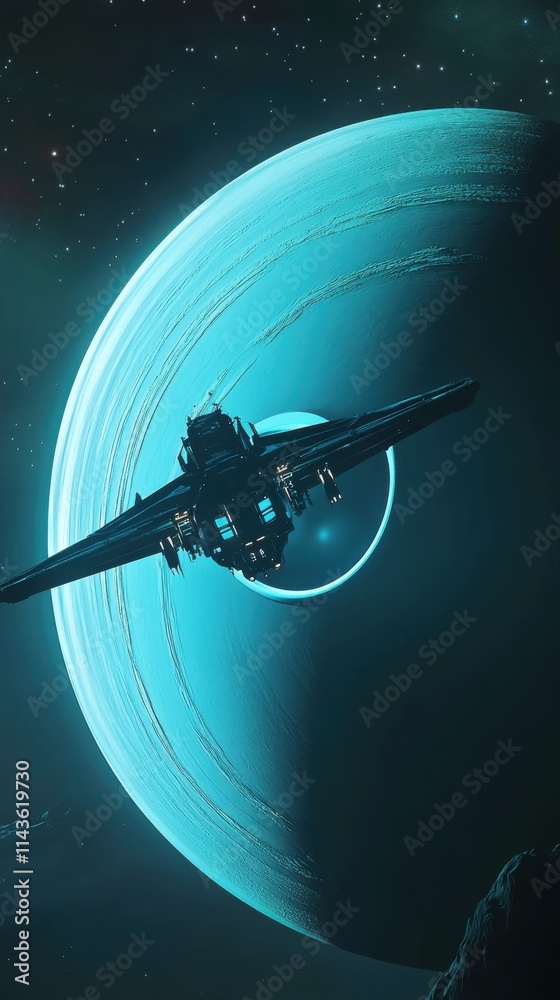 Poster floating spacecraft approaches luminous ringed planet in a cosmic exploration setting with stars and