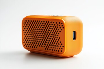 Low angle view of orange portable Bluetooth speaker isolated on white background