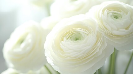 Obraz premium A bunch of delicate white ranunculus flowers, showcasing soft petals and gentle hues, arranged beautifully in a serene setting.