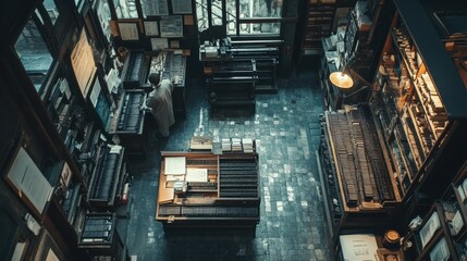 Overhead view of a traditional printing press in a bustling workshop during daylight hours