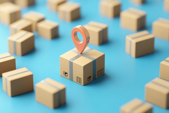 Location pin cardboard boxes package delivery bright blue background
