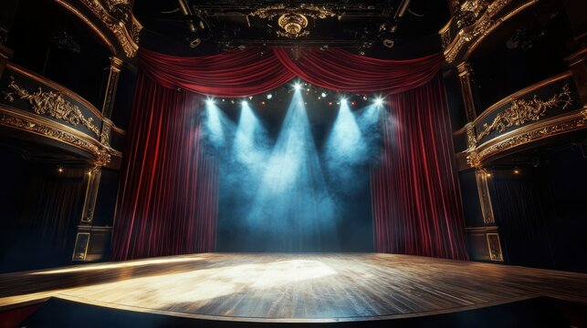 Children's puppet show on theater stage with red curtains and spotlight indoor performance colorful atmosphere