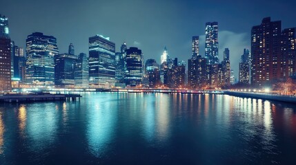 Naklejka premium A nighttime cityscape featuring illuminated skyscrapers reflecting on a calm river.