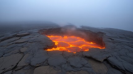 Fototapeta premium A glowing lava pool emerges from dark volcanic rock, shrouded in mist, creating a dramatic and mystical landscape.