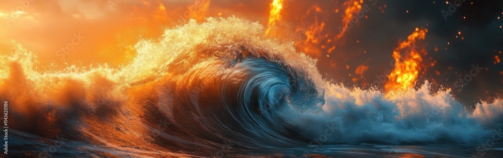 Poster layered ocean wave crashing against a fiery abstract backdrop at sunset