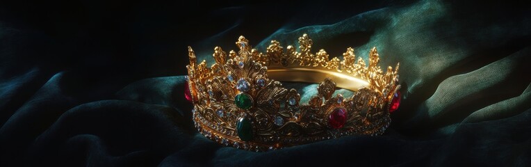 Naklejka premium Intricately carved golden crown with colorful gemstones resting on dark fabric in an elegant setting