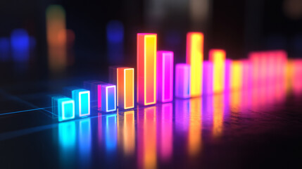 vibrant bar graph made of glowing neon lights on reflective surface, showcasing data visualization in modern style. colorful bars create energetic atmosphere