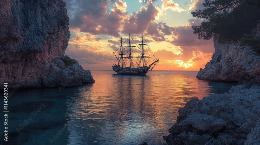 Poster Lone ship anchored in tranquil waters at sunset surrounded by cliffs and colorful clouds