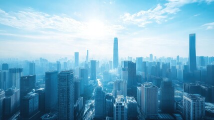 Fototapeta premium A panoramic cityscape showcasing skyscrapers under a bright blue sky.