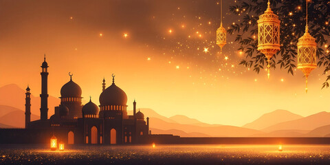 Golden Islamic Mosque Landscape with Lanterns and Sparkling Night Sky - Perfect for Ramadan and Eid Designs, Beautiful Sunset Mosque Scene with Hanging Lanterns
